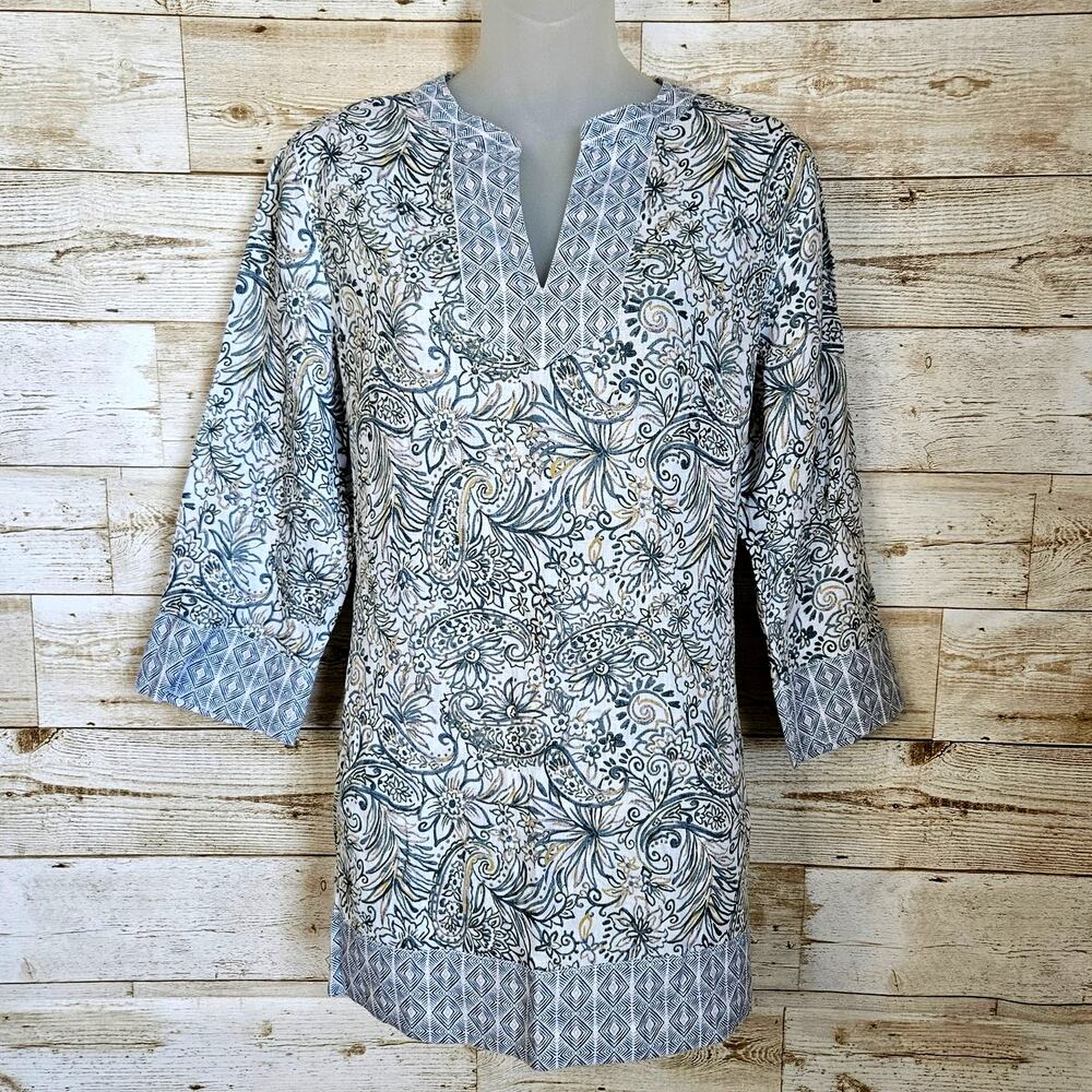 Sigrid Olsen Linen Tunic Top Womens S Tropical Resortwear V-Neck Boho Beach Blue